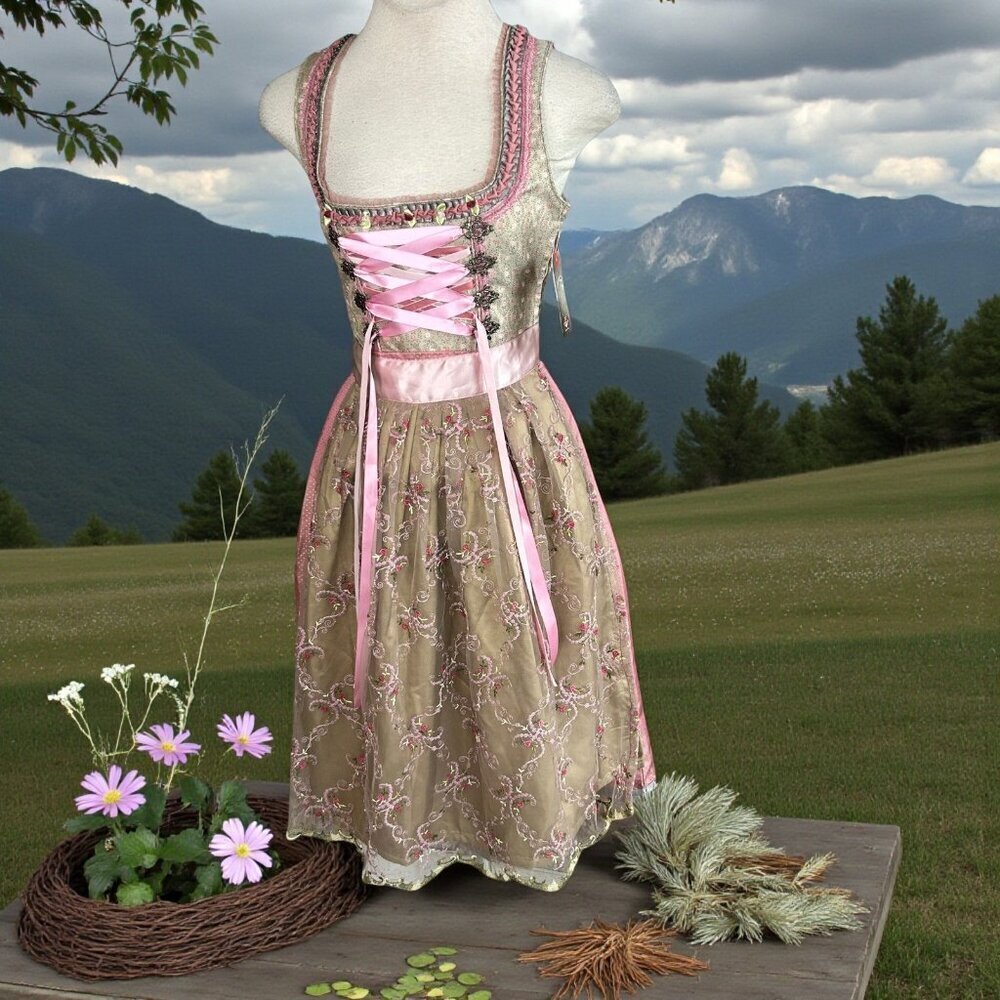Pink-Trim Beige Women’s Dirndl Dress with Satin Lace-Up